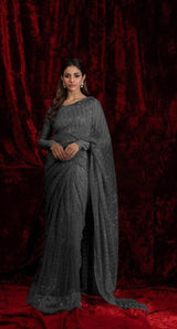 Ethereal Elegance: 3-Piece Moonlight Sequin Saree Set - Red & Silver