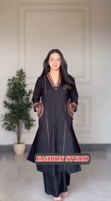 Black Silk 2-Piece embroidered Suit with side Pockets style