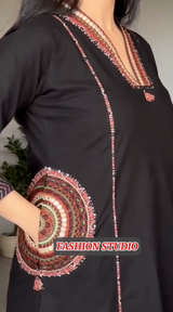 Black Silk 2-Piece embroidered Suit with side Pockets style