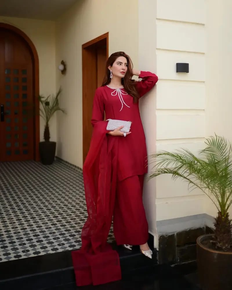 "Trending Farshi Shalwar Suit ✨ | Rhinestone Bow Neck & Organza Dupatta | Shop Now!"