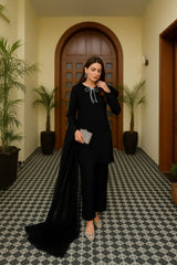 "Trending Farshi Shalwar Suit ✨ | Rhinestone Bow Neck & Organza Dupatta | Shop Now!"
