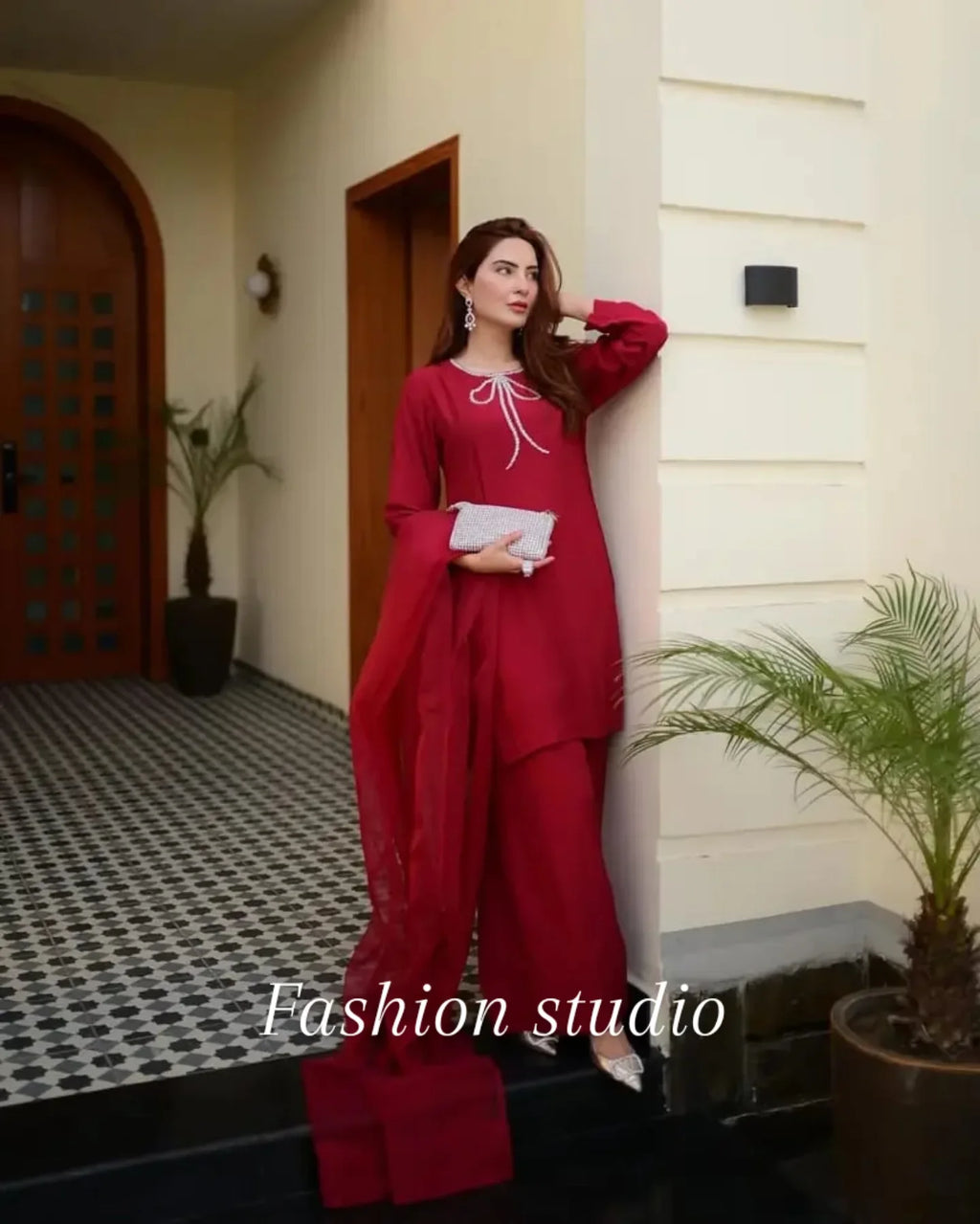 "Trending Farshi Shalwar Suit ✨ | Rhinestone Bow Neck & Organza Dupatta | Shop Now!"