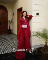 "Trending Farshi Shalwar Suit ✨ | Rhinestone Bow Neck & Organza Dupatta | Shop Now!"