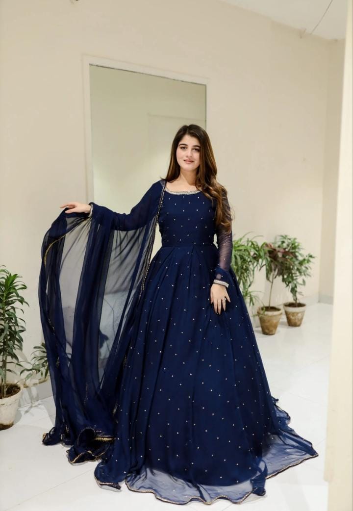 ✨ Fashion Studio Presents – Premium 3-Piece Embroidered Pearl work Chiffon Maxi ✨