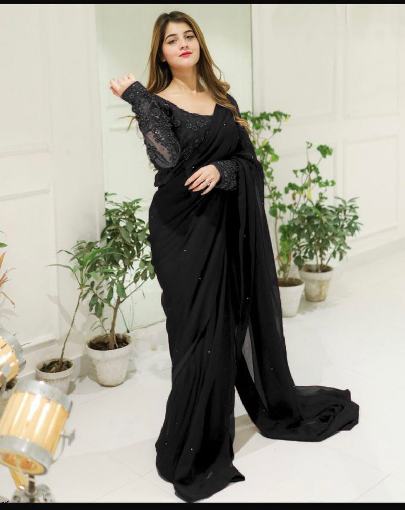 🌸 "Graceful Charm: Chiffon Saree with Sequin & Pearl Embellished Blouse" 🌸