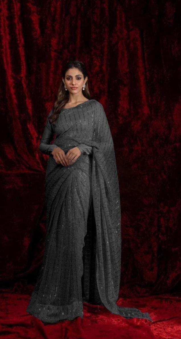 Ethereal Elegance: 3-Piece Moonlight Sequin Saree Set - Black