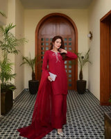 "Trending Farshi Shalwar Suit ✨ | Rhinestone Bow Neck & Organza Dupatta | Shop Now!"