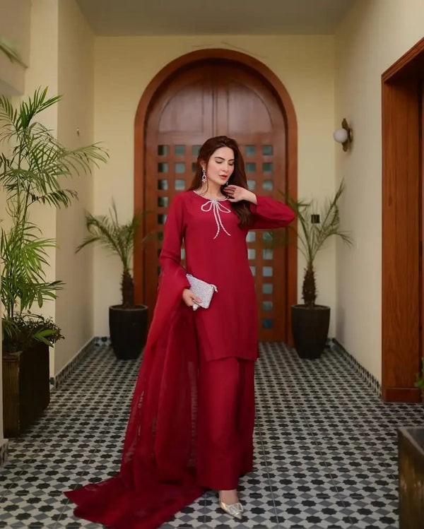 "Trending Farshi Shalwar Suit ✨ | Rhinestone Bow Neck & Organza Dupatta | Shop Now!"
