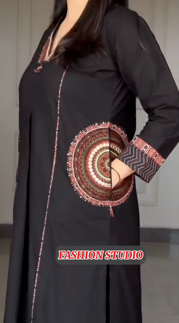 Black Silk 2-Piece embroidered Suit with side Pockets style