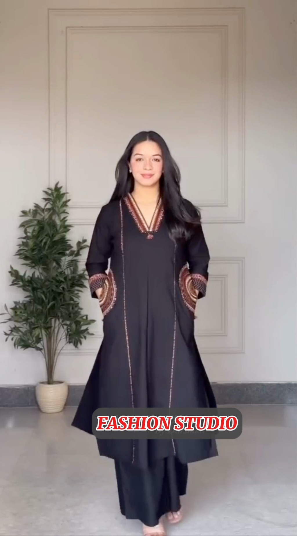 Black Silk 2-Piece embroidered Suit with side Pockets style